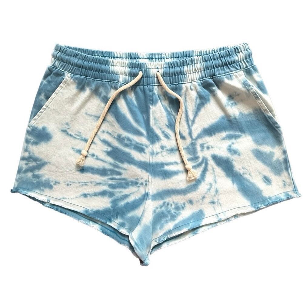 Double Zero Sz S Blue White Tie-Dye Cotton Shorts Elastic Tie Waist Pockets NWT